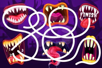 Child search path maze with monsters maws. Children vector labyrinth halloween game, kid find way activity with cartoon creatures, spooky monsters open mouth with sharp fangs and tongue in saliva