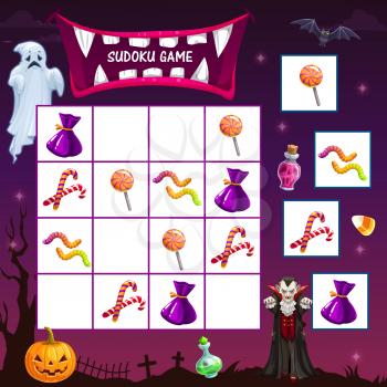 Child Halloween board game with magic potions. Kids race game, children roll and move boardgame template with cartoon vector magic elixirs, fly agaric mushroom and witch cauldron with boiling potion