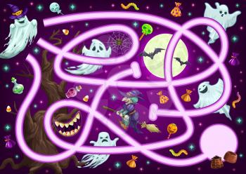 Maze game puzzle, Halloween cartoon labyrinth, vector kids and children find way or path fun play. Halloween maze or labyrinth with witches, skulls and ghost monsters to find way to candy treats
