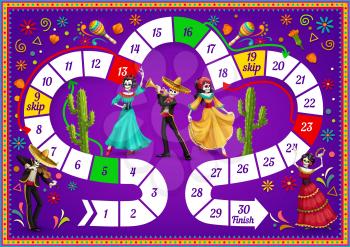 Board game with Dia de los Muertos characters. Vector kids dice game, puzzle or maze, labyrinth template with numbered steps and arrows, Mexican Halloween holiday skulls, calavera Catrina, skeletons