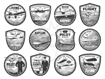 Aviation, air travel, international airport and pilot school vector icons. Aviation academy, airplane flight tours, air travel tickets, passenger service and airlines dispatching service company