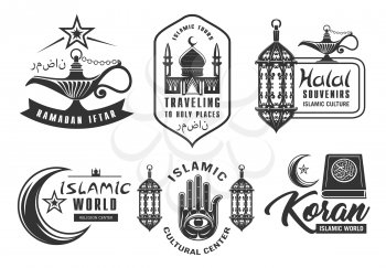Muslim culture and isolam religion vector icon symbols. Islam culture center and Koran pilgrimage worship, Halal souvenirs shop and Ramadan Kareem iftar holiday, holy places travel icons