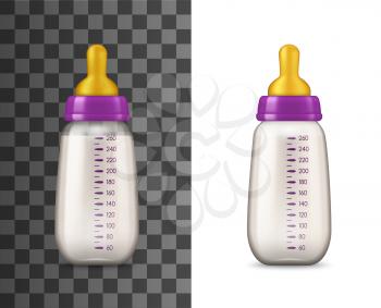 Baby milk bottle isolated mockup template. Vector realistic baby feeding plastic bottles with pacifier nipples and capacity volume measure lines, package mock up icons, nutrition for newborn kids