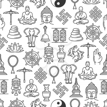 Buddhism seamless pattern, outline vector symbols on white background. Zen meditation and religious Buddha, monk and mudra, Yin Yang or Dharma wheel, temple drum, elephant and Buddhist beads, swastika