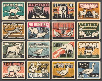 Hunting and wild animals retro posters or cards. Open season vector trophy bear, buffalo, grouse fowl and cheetah, wolf, fox and badger, antelope, woodcock, pheasant and goose, blackcock