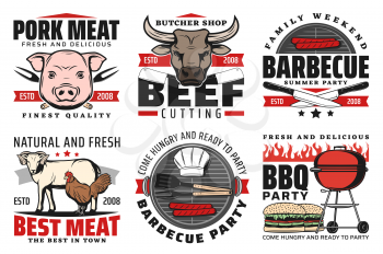 Barbeque meat, bbq icons, isolated vector signs with pork, chicken, mutton and beef sausages on grill. BBQ party symbols hamburger, butchers hat, turner and fork on grilling machine, fastfood