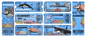 Oceanarium park tickets, aquarium zoo with sea underwater animals as a shark, angelfish, lionfish, dolphin and turtle, moray eel and prawn, corals. Vector admit tickets template with cut line