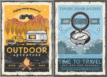 Travel, tourism, trailer home retro posters. Vector rv camping house, motorhome caravan and suv pickup car riding on mountain landscape, vintage cards with compass, route track, traveling vehicle