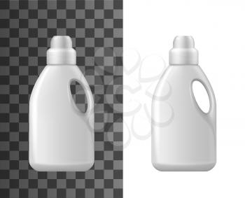 Detergent bottles mockup, isolated 3d vector white blank realistic plastic bottle. Household chemicals tube for cleaning with handle, liquid soap, stain remover, laundry bleach or cleaner