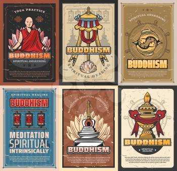 Buddhism religion retro posters. Vector Buddhist symbolic stupa, tibetian monk in lotus posture, prayer wheels and flag, carp fish and precious umbrella. Dharma wheel, Vase of treasure