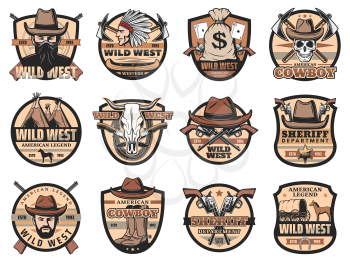 Wild West vintage vector icons set. Cowboy, sheriff and skull, American western hat, guns and ranger star badge, horse, vintage wagon, Indian chief, revolvers, bandana and rifles. USA Wild West signs