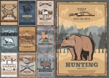 Hunting sport posters with wild animals, vector hunt society club vintage grunge design, safari and forest outdoor adventure, bear, bull and grouse fowl and cheetah, wolf or fox and badger