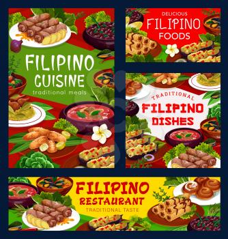 Filipino cuisine asian food vector posters, restaurant dish pochero soup, fried bananas in batter, mussels in coconut sauce, adobo with chicken. Filipino lumpia, lump with meat, vegetable, dessert