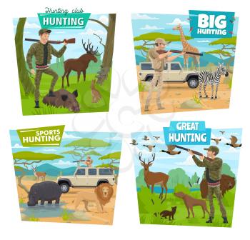 Hunting sport and safari vector icons with hunters, guns and animals. Huntsmen hunting with dog, riffles and cars, deers, ducks and lion, bear, boar and elk, hippo, giraffe, zebra and antelope