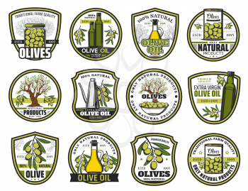 Green olives and oil retro badges with vector bottles, jug, jar and can of extra virgin oil and pickled fruits with tree branches and leaves. Natural organic product labels and emblems design