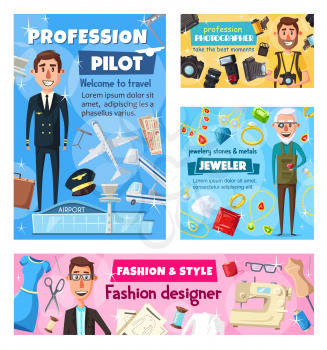 Pilot, fashion designer, photographer and jeweler, professions and occupations vector design. Tailor with sewing machine, aircraft pilot with plane, airport, cameraman with camera, goldsmith, jewelry