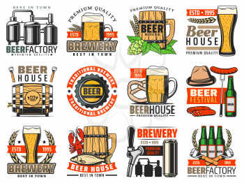 Beer brewery, craft pub and bar vector icons. Alcohol drink barrel, mugs, bottles and glasses of ale and lager, tap, can and brewing tanks, barley, wheat and hops retro badges and emblems design