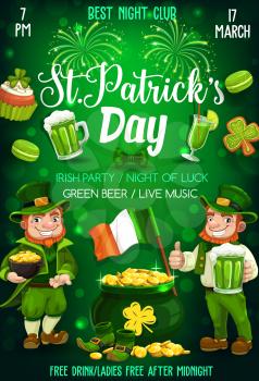 St Patrick Day leprechauns with green beer, Irish party vector invitation design. Shamrock, pot of gold and celtic elves, Ireland flag, golden coins and clover leaves, cakes and festive fireworks