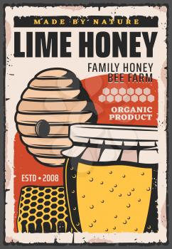 Honey jar with bee hive and honeycomb, pot and wild beehive vector design of organic food product. Beekeeping farm, apiary and apiculture retro poster
