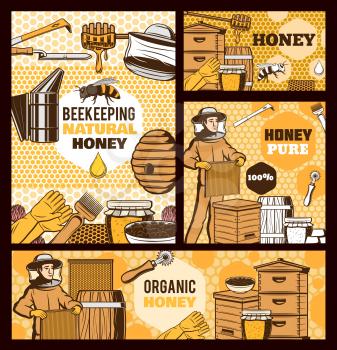 Beekeepers with honey and bee hives vector design of beekeeping farm food. Honeycomb frames and beehives with flower nectar jars, apiary tools, smoker and combs, knife, fork, dipper and protective hat