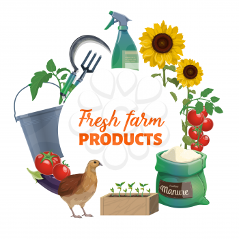 Farming tools, agriculture cultivation equipment and fertilizers, vector poster. Farm poultry chicken, gardening sickle and pitchfork, seedling plant manure, sunflowers and vegetables harvest