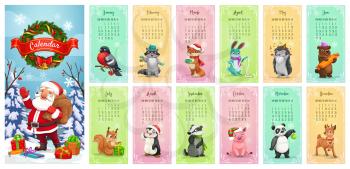 Monthly calendar vector template of Santa Claus, animals and Christmas gifts. New Year calendar with Xmas wreath, present boxes and red ribbon bow, reindeer with bell, bullfinch and bear, fox, rabbit