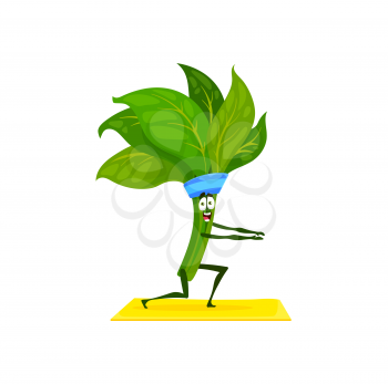 Green spinach leaves bunch doing sport exercise on fitness pilates yoga mat isolated. Vector ripe green veggies salad greenery in sportive band, vegan organic plant on stretching workout, comic kawaii