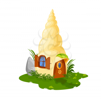 Fairy shell house or dwelling of gnome or dwarf and elf, vector cartoon home hut. Fairy tale seashell house of dwarf gnome with garden, leaf shelter house with door and window