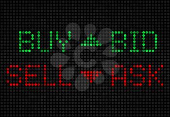 Stock exchange board, buy, sell, bid, ask LED indicators. Vector market index on screen, green and red trade tickers, currency rate growth and drop on black display. Trading data, financial investment