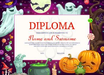 Kids diploma certificate with Halloween monsters, education vector template. School graduation diploma, appreciation award, achievement certificate with background frame of pumpkins, ghosts and bats