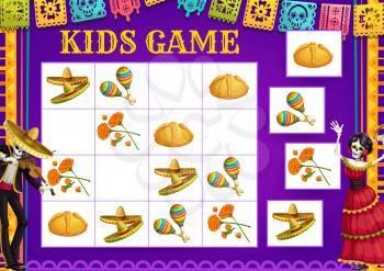 Dia de los Muertos Day sudoku game, vector kids education block puzzle. Match educational game, riddle and attention test with Day of the Dead Mexican holiday skeletons, sombrero, maracas and marigold