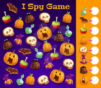 Children I spy game with Halloween treats. Child riddles book vector page, kids playing activity or exercise with counting task. Cartoon cookie, chocolate candy and apple, pumpkin, magic potion