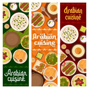 Arabian food restaurant dishes banners. Pickled olives, sour cream and matzah with sauce, flatbread lahmacun with vegetables, hummus and chickpea falafel, rice with onion and pea, beef kebab vector