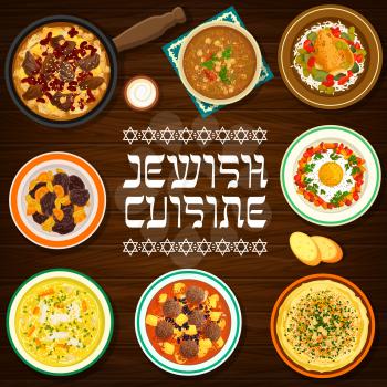 Jewish cuisine vector hummus, chicken noodle soup and shakshuka, meatballs with tomato sauce, beef cholent or chickpea soup. Lamb lentil stew with dried apricots, stuffed chicken breast Jerusalem food