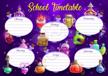 School timetable vector template of education schedule or weekly planner with Halloween background frame of magic potion bottles. Student study plan or class chart layouts in shape of elixir jars