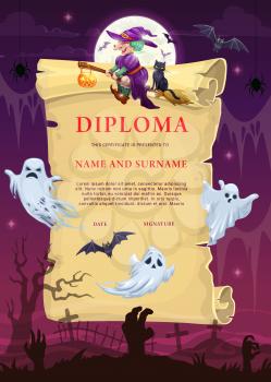 Children Halloween diploma template with witch and ghosts. Kid education achievement certificate vector template, child holiday invitation. Cartoon bats, zombie hands sticking from cemetery ground
