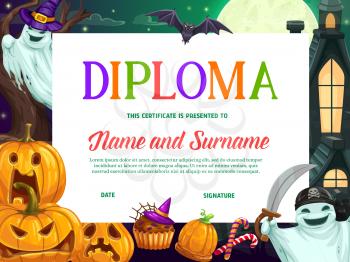 Halloween kids education diploma or certificate vector template with background frame of horror pumpkins and ghosts. Achievement certificate, school graduation diploma or appreciation award design