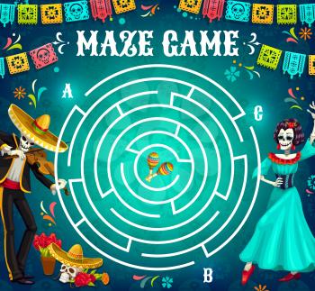 Labyrinth maze game, dia de los muertos holiday characters. Vector task with cartoon mariachi musician and Catrina dancer skeletons. Kids riddle with Dead day calavera sugar skulls, learning puzzle