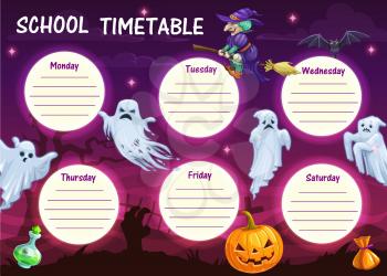 Kids school timetable with Halloween ghosts, witch and pumpkin lantern. Child school lessons schedule vector template, children education planner or classes timetable with cartoon Halloween monsters