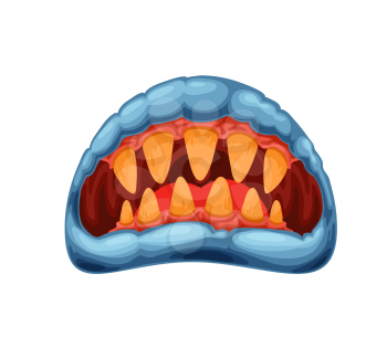 Cartoon monster jaws, mouth and old yellow teeth. Vector creepy zombie or alien maw with blue lips and red tongue. Halloween creature roaring yap, angry beast roar isolated on white background