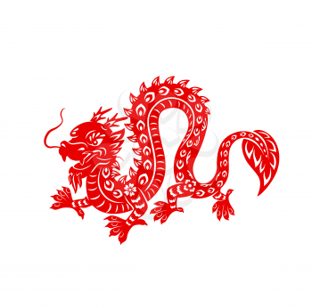 Chinese lunar New Year red dragon, vector astrological zodiac animal of China. Paper cut powerful dragon with floral ornament isolated on white background. Astrology asian symbol of culture tradition