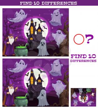 Kids game find ten differences. Vector cartoon Halloween characters magician with cauldron, spooky ghosts and bats near abandoned castle at night. Educational children puzzle, riddle leisure activity