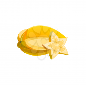 Carambola star fruit, vector fresh tropical plant. Ripe organic product, juicy whole and sliced natural healthy exotic yellow fruit. Cartoon element for design isolated on white background