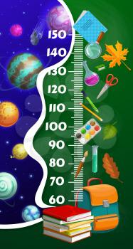 Kids height chart ruler, cartoon space planets, school stationery, textbooks and schoolbag growth measure meter. Vector wall sticker for child height measurement with centimeter scale, cosmic galaxy
