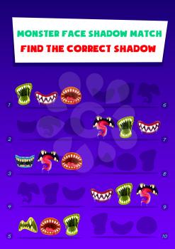 Monster face shadow match kids game with creepy mouths. Find correct shadow children logic activity. Preschool kindergarten education with halloween creepy roar toothy maws. Cartoon riddle worksheet
