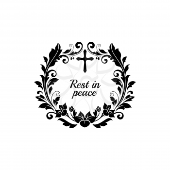 Funeral card, obituary flower wreath RIP, vector black floral ribbon. Funeral death and grief memory frame with cross and floral wreath for mortuary memorial, condolences message and farewell banner