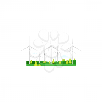 Energy windmill, wind mill turbine power, vector green renewable energy isolated icon. Electric industry windmill farm on field, sustainable clean power and alternative energy technology