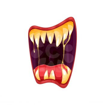 Monster mouth vector icon, creepy zombie or alien jaws with sharp teeth, red tongue, lips and dripping gooey saliva or goo. Halloween creature roaring mouth isolated on white background