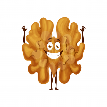Walnut kernel smiling emoticon with hands up isolated flat cartoon character. Vector whole kernel fruit happy facial expression. Vector brown nut vegetarian snack, superfood comic hero, edible drupe