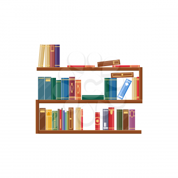 Bookcase, bookshelf with books, library shelves isolated icon. Vector piles of standing dictionaries, encyclopedias and retro literature. Library shelves, wooden bookshelves in bookstore or bookshop